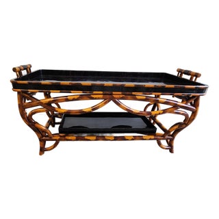 Vintage Chinoiserie Faux Bamboo & Tessellated Horn Tray Top Coffee Table For Sale