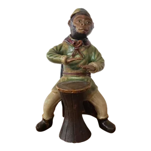 Circa 1970 Chinese Shiwan Pottery Monkey Musician Playing Bongo Drum Figurine
