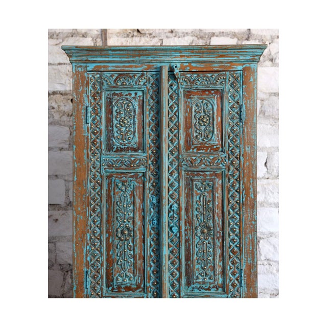 Antique Blue Floral Carved Armoire With Brass Stud Accents – Handcrafted Vintage Storage Cabinet 83x36 For Sale - Image 4 of 7