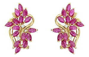 Ruby Floral Cluster Earrings 14k Yellow Gold, 2 Pieces