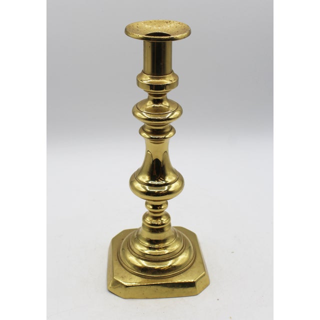 English Circa 1860 English Pair of Brass 11" Candlesticks For Sale - Image 3 of 7