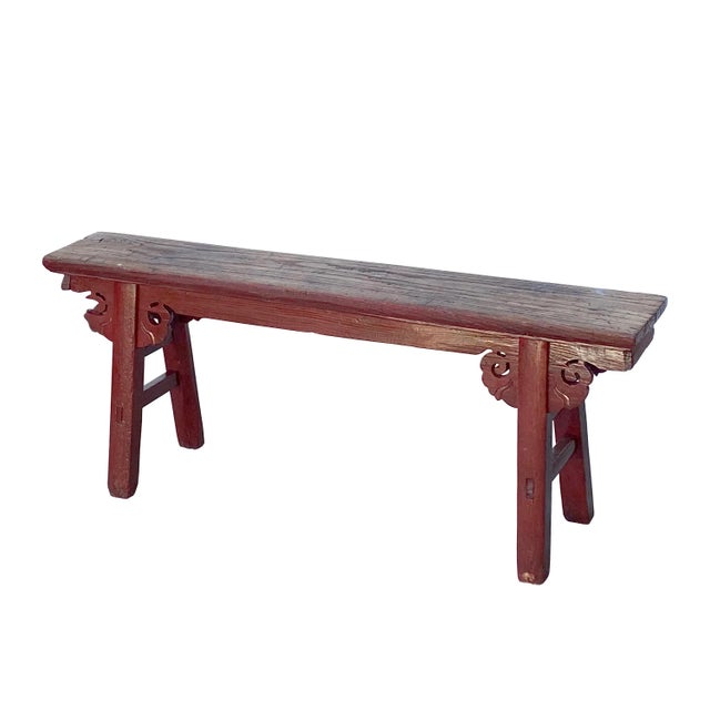 Vintage Brick Red Rural Village Rustic Slim Wood Seating Bench For Sale - Image 4 of 9