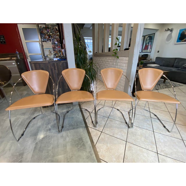 Linda Armchairs in Camel-Colored Leather with Chromed Steel Frames from Arrben, 1980s, Set of 4 For Sale - Image 9 of 18