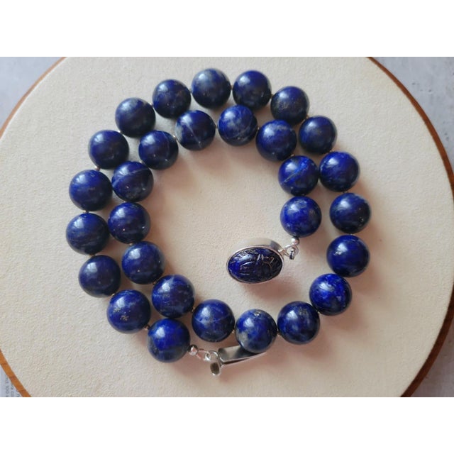 Lapis Lazuli Beaded Necklace With Vintage Sterling Silver Scarab Clasp For Sale In Cleveland - Image 6 of 7