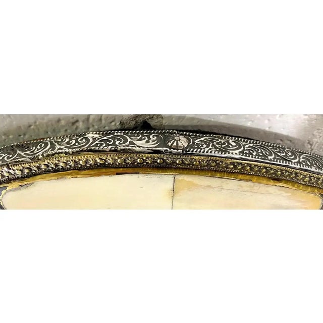 Art Deco Style Round White Frame & Antiqued Brass Filigree Inlay Mirror, a Pair For Sale - Image 9 of 11