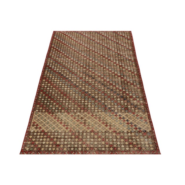Traditional 1960s Vintage Distressed Rug in Red, Beige-Brown and Multi Hued Diamond Patterns For Sale - Image 3 of 7