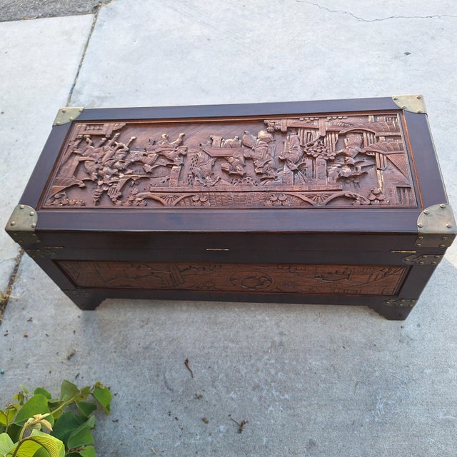 Authentic 1960s mid-century Chinese camphor wood chest by George Zee & Co. Includes the original serialized maker's plate...