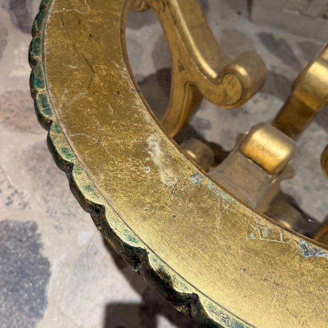 Hollywood Regency Hollywood Regency Glass-Topped Side Table Verdi Gris Gold Leaf For Sale - Image 3 of 12