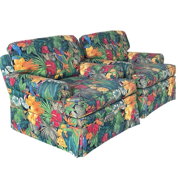 80s Tropical Floral Skirted Lounge Chairs With Parrot Motif Upholstery, a Pair, Palm Beach Regency, Vintage, Maximalism For Sale In Naples, FL - Image 6 of 12