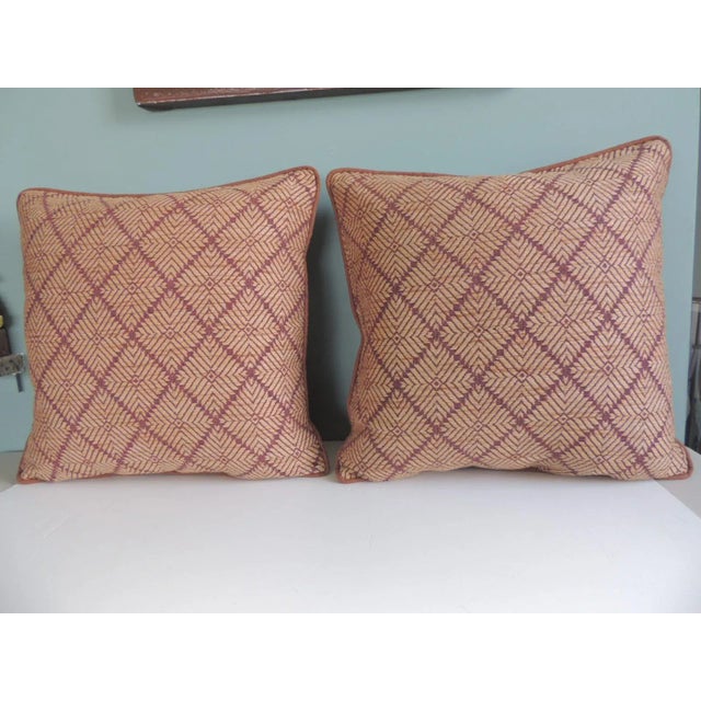 Set of (2) Vintage Brown Woven African Square Decorative Pillows with brown linen backing. Feather/down inserts. Hand-...