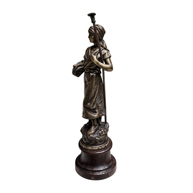 La Bucheronne - Antique French Spelter Statue of Stick Gatherer on Wood Pedestal For Sale - Image 4 of 7