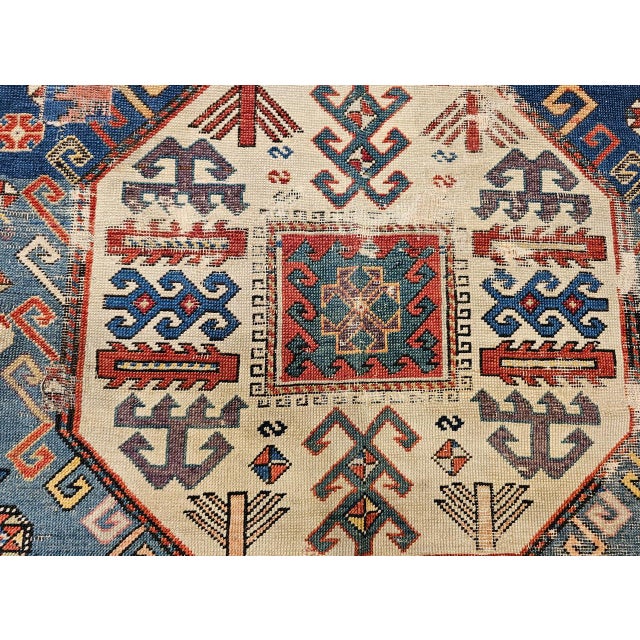 Antique Caucasian Kazak Rug, Medallion Pattern, Hand-Knotted Wool, Blue & Red, 4' x 8' For Sale - Image 12 of 16