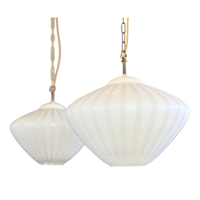 Candy Striped Opaline Pendant Lights by Schaco, 1930s, Set of 2 For Sale