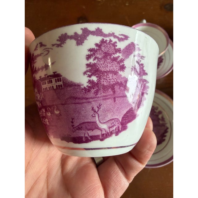 1805 Rare Antique Set of Four Pink Lustre and Bat Printed Pearlware Handled Cups and Saucers, Attributed to Thomas Wolfe - Set of 8 For Sale - Image 10 of 17