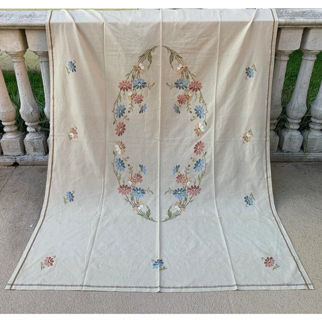Vintage Cretan Hand Embroidered Cross Stitch Floral Tablecloth Tan- Ecru Autumnal Linen For Sale - Image 9 of 12