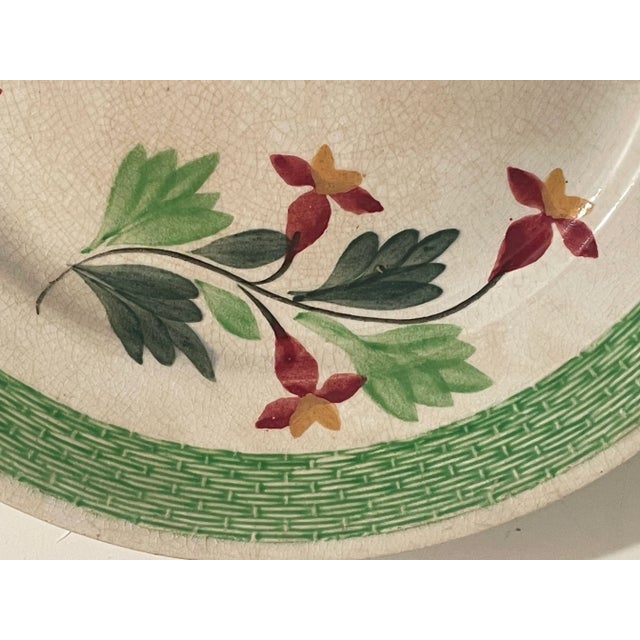 William Adams and Company Antique Stick Spatterware Spongeware Floral Plate - Green Red - 9" For Sale - Image 4 of 5