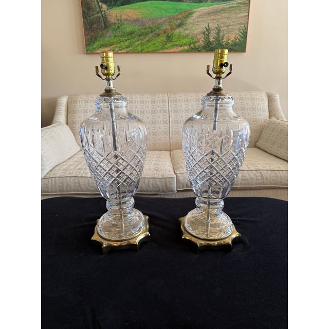 Transparent Vintage Waterford Style Elegant Large Crystal and Brass Table Lamps - a Pair For Sale - Image 8 of 9