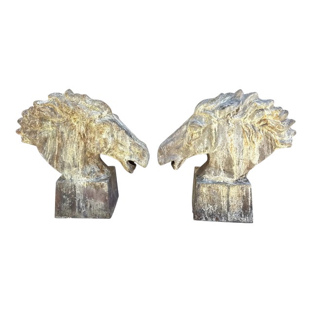Vintage French Cast Iron Equestrian Horse Head Statues - a Pair For Sale