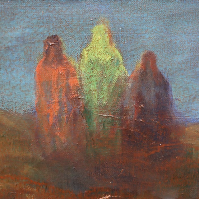 A landscape oil painting on canvas in a Newcomb-Macklin Co. giltwood picture frame, identified by the maker’s label on the...