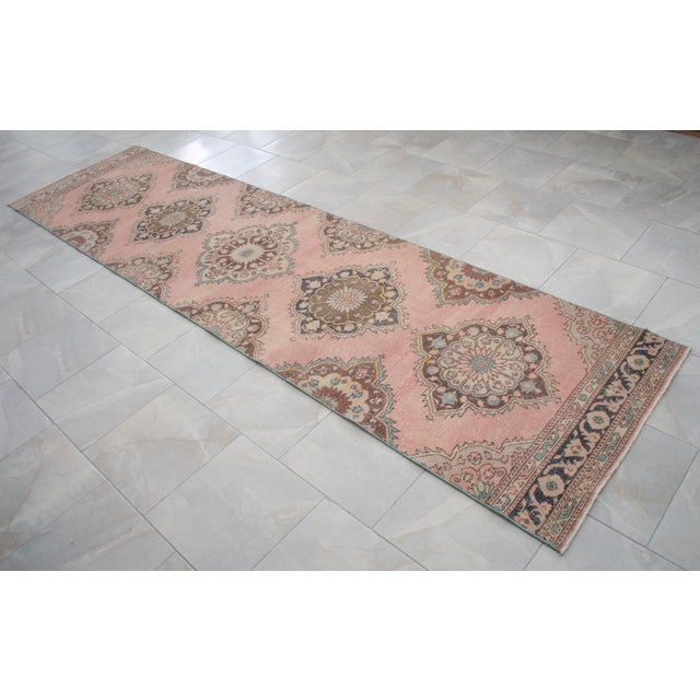 Textile Distressed Oushak Runner Rug Faded Colors Low Pile Pink Hallway Decor - 3'1″x 12'5″ For Sale - Image 7 of 12
