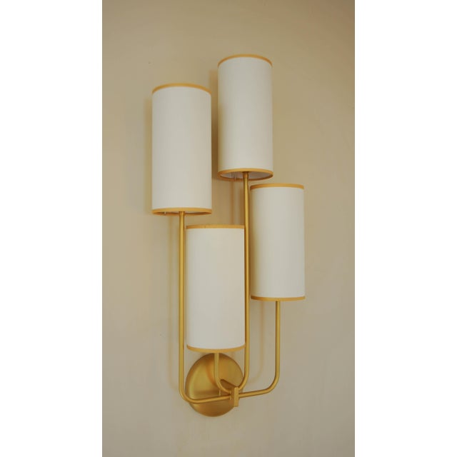 Wall Light Elevation 4 Patinated Gold and Fabric Lampshades by Aymeric Lefort For Sale - Image 11 of 18