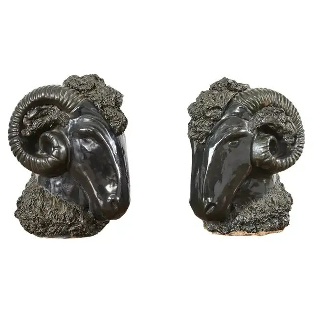 Pair of Neoclassical Style Jade Rams Head Pottery Sculptures For Sale - Image 13 of 13