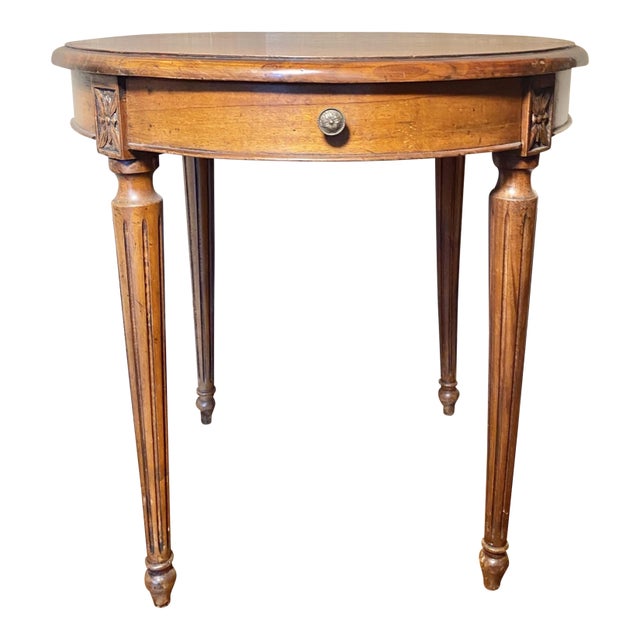 Mid Century Fruitwood Single Drawer Round Side Table For Sale