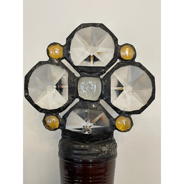 Metal Vintage Arts & Crafts Decorative Amber Art Glass & Cut Crystal Bottle Styled After Karla Walz For Sale - Image 7 of 9