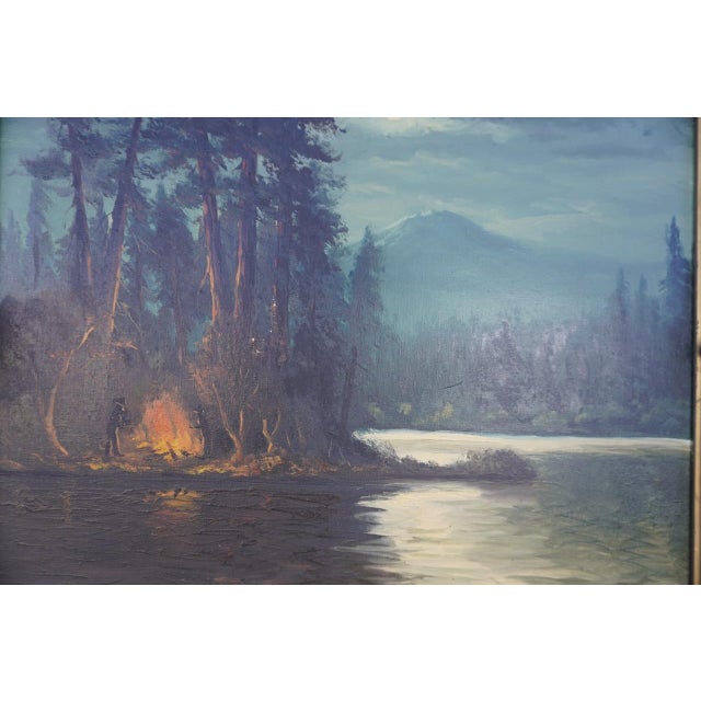 Textile Early 20th Century River Bend Campfire, Oil on Canvas by J. Dupal For Sale - Image 7 of 8