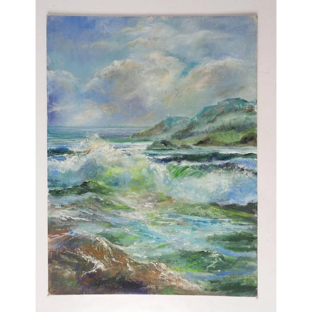 Vintage oil on canvasboard of coastal hills seascape. Unsigned. Unframed.