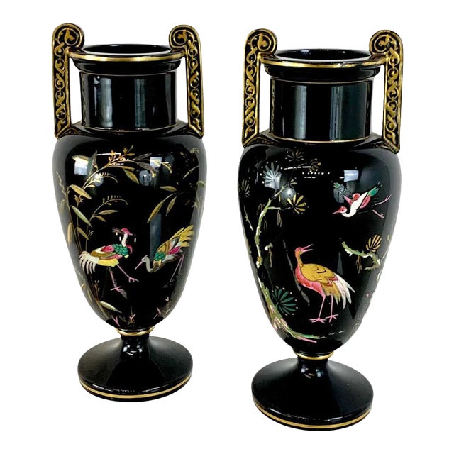 Late 19th Century French Aesthetic Movement Enameled Bird Motif Black & Gold Vases - a Pair For Sale