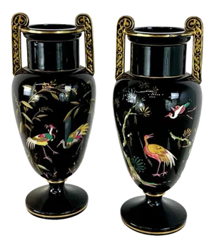 Late 19th Century French Aesthetic Movement Enameled Bird Motif Black & Gold Vases - a Pair
