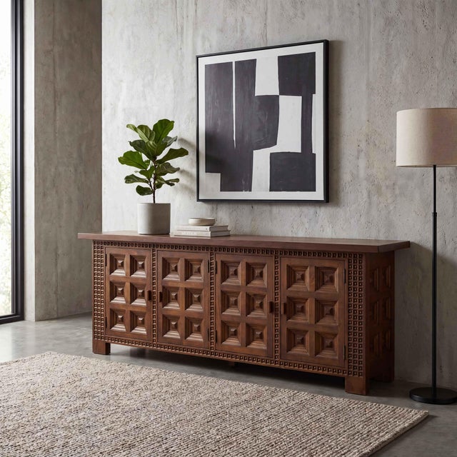 Brown Spanish Solid Wood Brutalist Sideboard, 1960s For Sale - Image 8 of 13