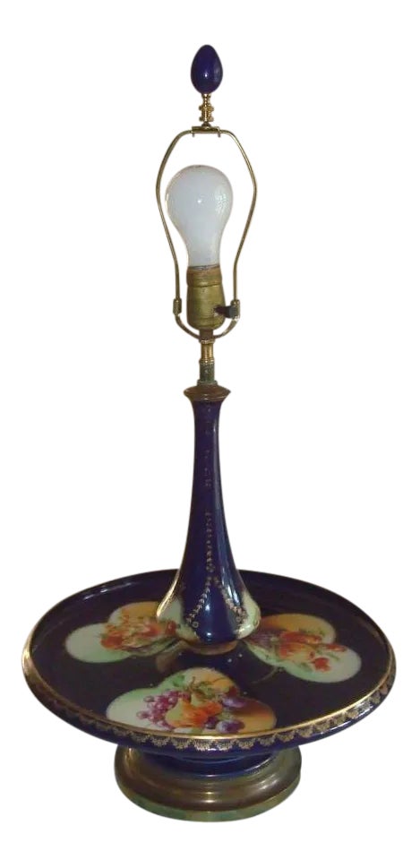 Dresden Style Vintage Cobalt Blue Porcelain Tray Table Lamp With Hand-Painted Fruit & Brass Accents