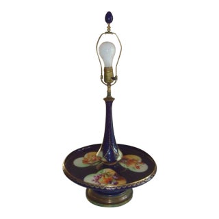 Dresden Style Vintage Cobalt Blue Porcelain Tray Table Lamp With Hand-Painted Fruit & Brass Accents For Sale