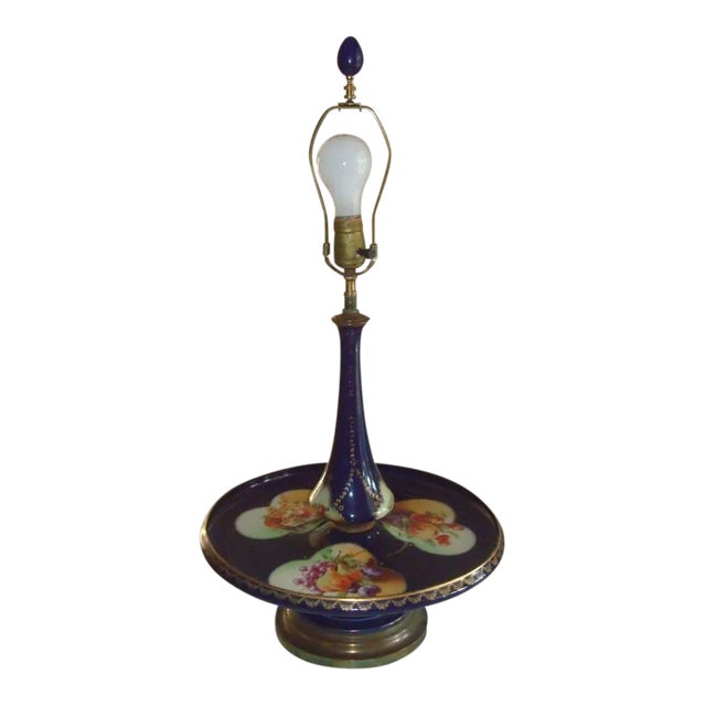 Dresden Style Vintage Cobalt Blue Porcelain Tray Table Lamp With Hand-Painted Fruit & Brass Accents For Sale
