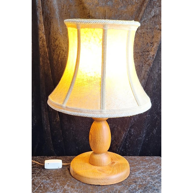 Wood Vintage Table Lamp with Turned Teak Wood Base and Hand-Stitched Leather Shade, 1970s For Sale - Image 7 of 7