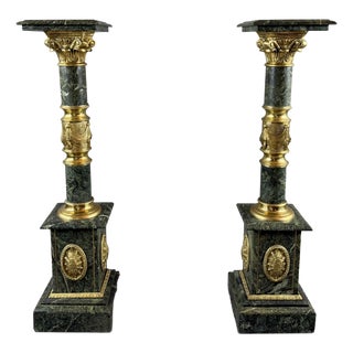 20th Century Columns in Green Marble, Gilt Bronze and Gilt Brass, Set of 2 For Sale