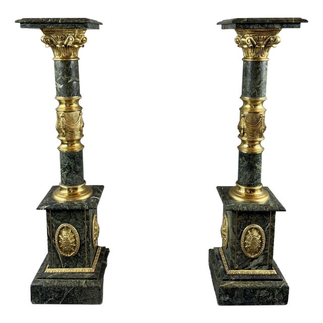 20th Century Columns in Green Marble, Gilt Bronze and Gilt Brass, Set of 2 For Sale