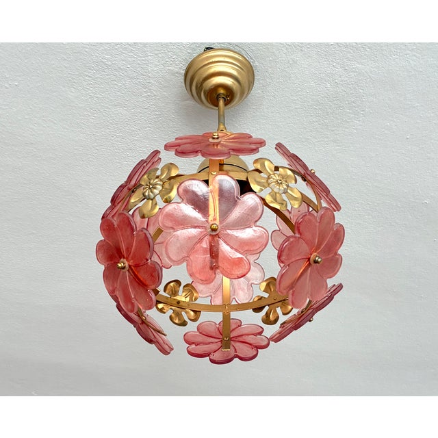 1970s Mid-Century Modern Style Hand-Painted Salmon Pink Glass Floral Globe Chandelier⁠ For Sale - Image 10 of 17