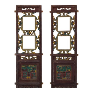 Pair Chinese Vintage Restored Wood Brown Flower Carving Wall Hanging Art For Sale