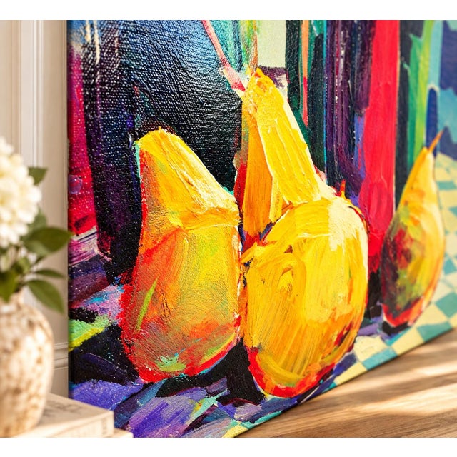A vibrant original painting by American artist Robert Burridge, Still Life with Wine and Pears (2003), featuring an...