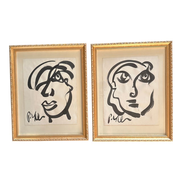 1960s Peter Keil Black and White Portrait Paintings - Set of 2 For Sale