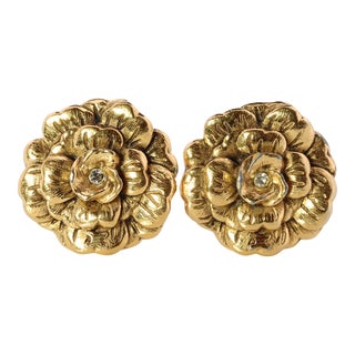 Mid 20th Century Chanel Enamel Camelia Flower Bloom Clip on Earrings - 2 Pieces For Sale