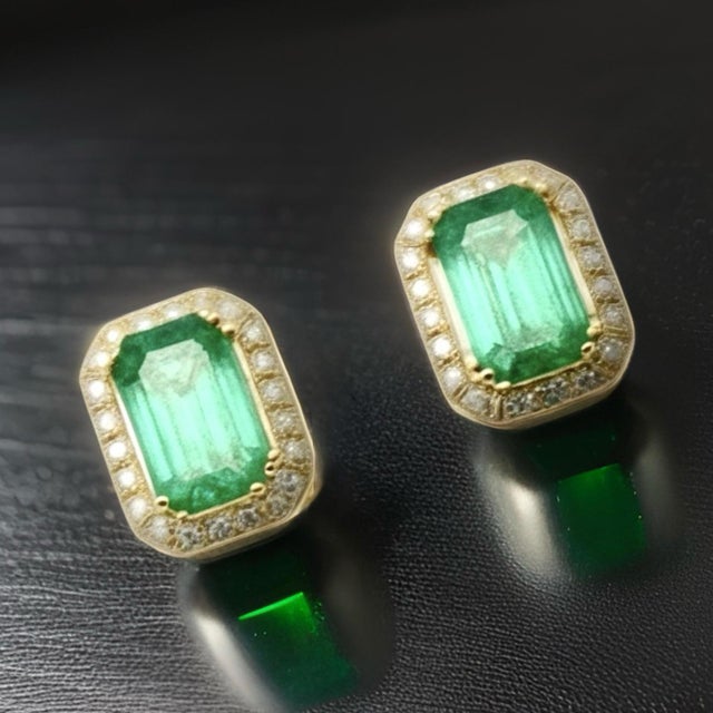Natural Emerald Diamond Stud Earrings 14k Y Gold 1.85 TCW Certified For Sale - Image 12 of 14