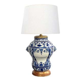 French 18th Century Faience Blue & White Apothecary Jar Now Mounted as a Lamp For Sale