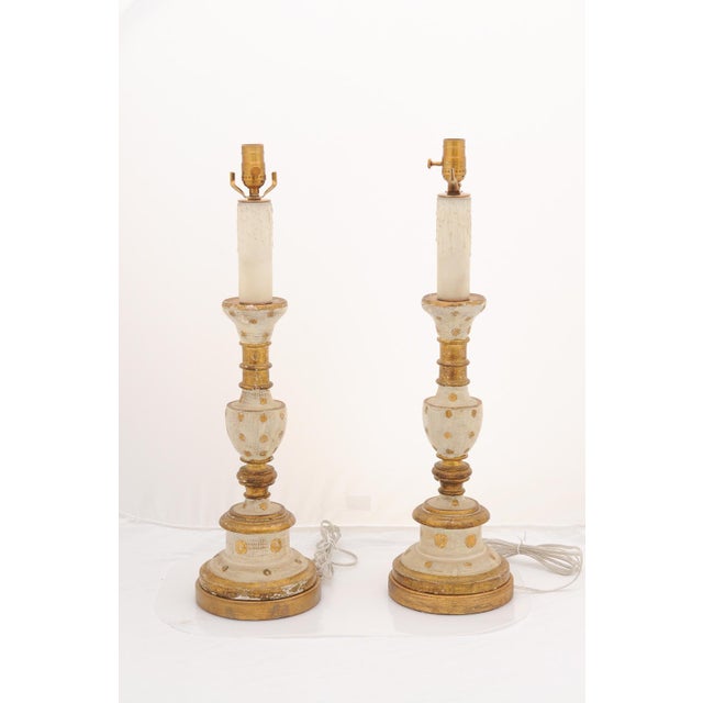 1940s Large Italian Gilt & Hand-Painted Candlestick Lamps For Sale - Image 12 of 12