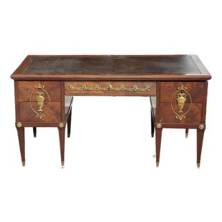 French Neoclassical Mahogany Leather Top Desk With Ormolu Urn Mounts & Pull-Out Slides For Sale