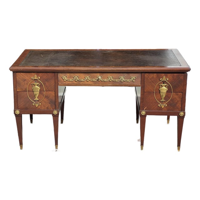 French Neoclassical Mahogany Leather Top Desk With Ormolu Urn Mounts & Pull-Out Slides For Sale