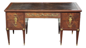 French Neoclassical Mahogany Leather Top Desk With Ormolu Urn Mounts & Pull-Out Slides